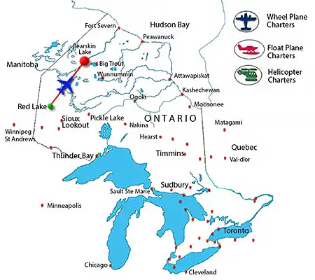 Map showing the charter flight route from Pickle Lake to Bearskin Lake